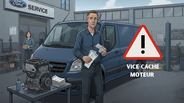 Homme consterné devant son Ford Tourneo en panne chez un garage Ford, avec le moteur démonté en premier plan. Illustration d'un vice caché (chaîne de distribution défectueuse) et du refus de prise en charge du constructeur