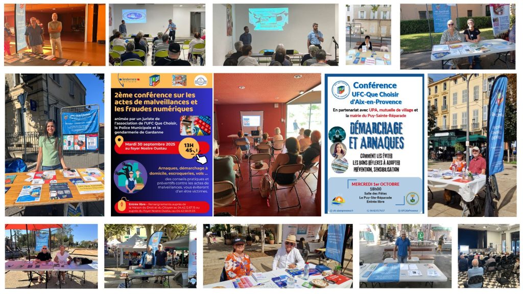 Montage de photos des action pour l'AL d’Aix-en-Provence en septembre 2025 : conférences sur la prévention des arnaques et des fraudes, stands d’information lors de forums associatifs et rencontres avec le public dans plusieurs communes du Pays d’Aix.