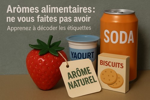 Photo d’une mise en scène éducative sur les arômes alimentaires. Au premier plan, une fraise artificielle avec une étiquette « Arôme naturel ». À l’arrière-plan, un pot de yaourt, une boîte de biscuits et une canette de soda. En haut de l’image, le titre en français : « Arômes alimentaires : ne vous faites pas avoir. Apprenez à décoder les étiquettes ».