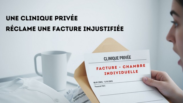 Une patiente surprise reçoit une facture de 245€ pour une chambre individuelle d'une clinique privée, malgré son refus initial. La facture est mise en évidence sur une table de chevet d'hôpital, à côté d'un questionnaire d'hospitalisation froissé