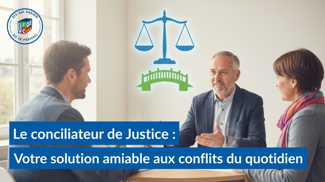 Trois personnes échangent autour d’une table avec un conciliateur de justice, symbole de la balance de la justice en arrière-plan.