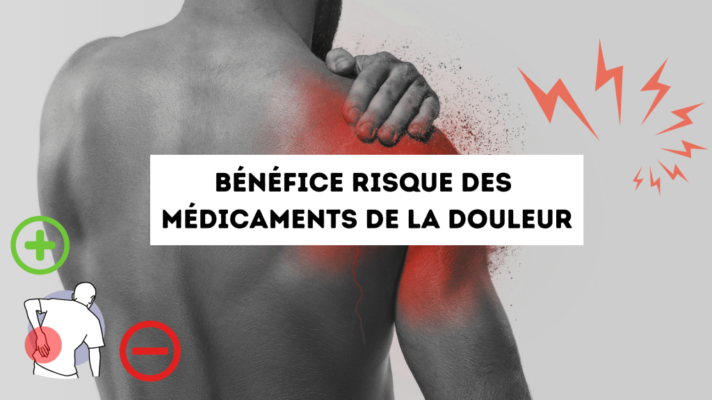Personne tenant une épaule douloureuse avec zone rouge et éclairs, illustrant le bénéfice/risque des médicaments antidouleur.