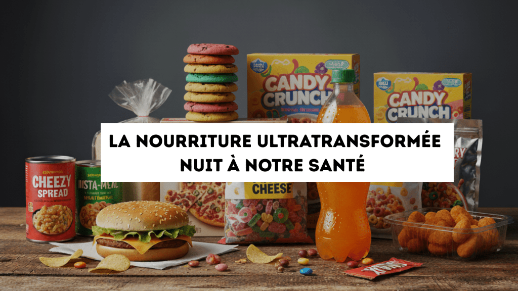 Assortiment de nourriture ultra transformée sur une table, avec soda, biscuits, hamburger et plats industriels.
