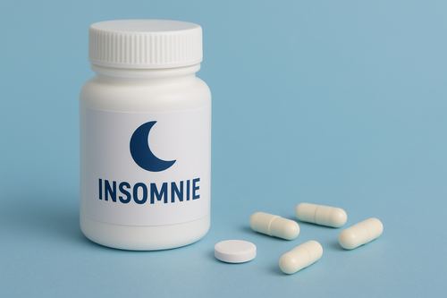 Boîte de somnifères pour insomnie avec icône lune, posée sur fond bleu clair