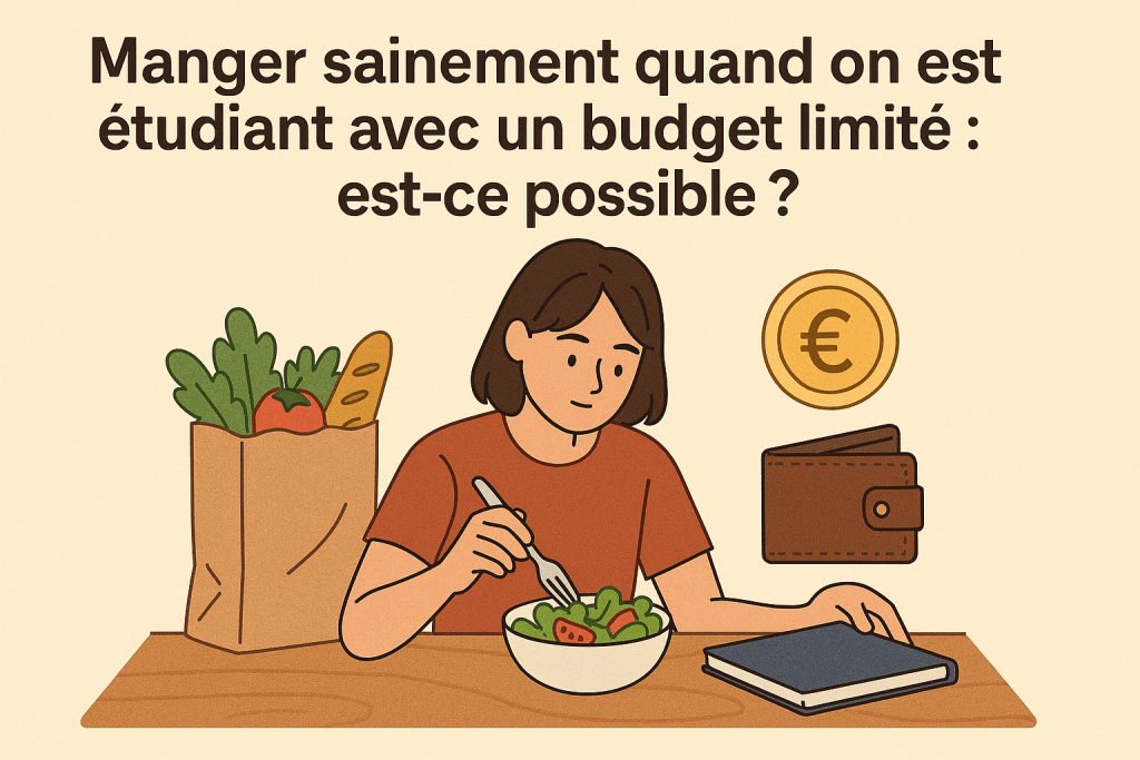 Étudiant mangeant une salade saine avec un sac de courses rempli de légumes, illustrant le défi de bien manger avec un budget limité.