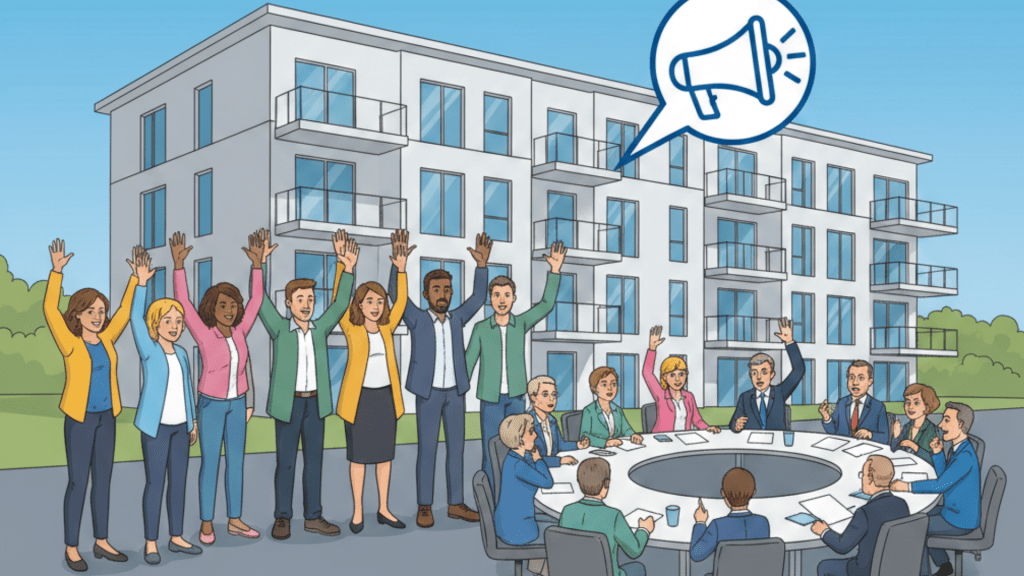 Illustration pour les élections des représentants des locataires 2026 avec l'UFC-Que Choisir Aix-en-Provence. On y voit un groupe de locataires devant un immeuble de logement social et une table de conseil d'administration.